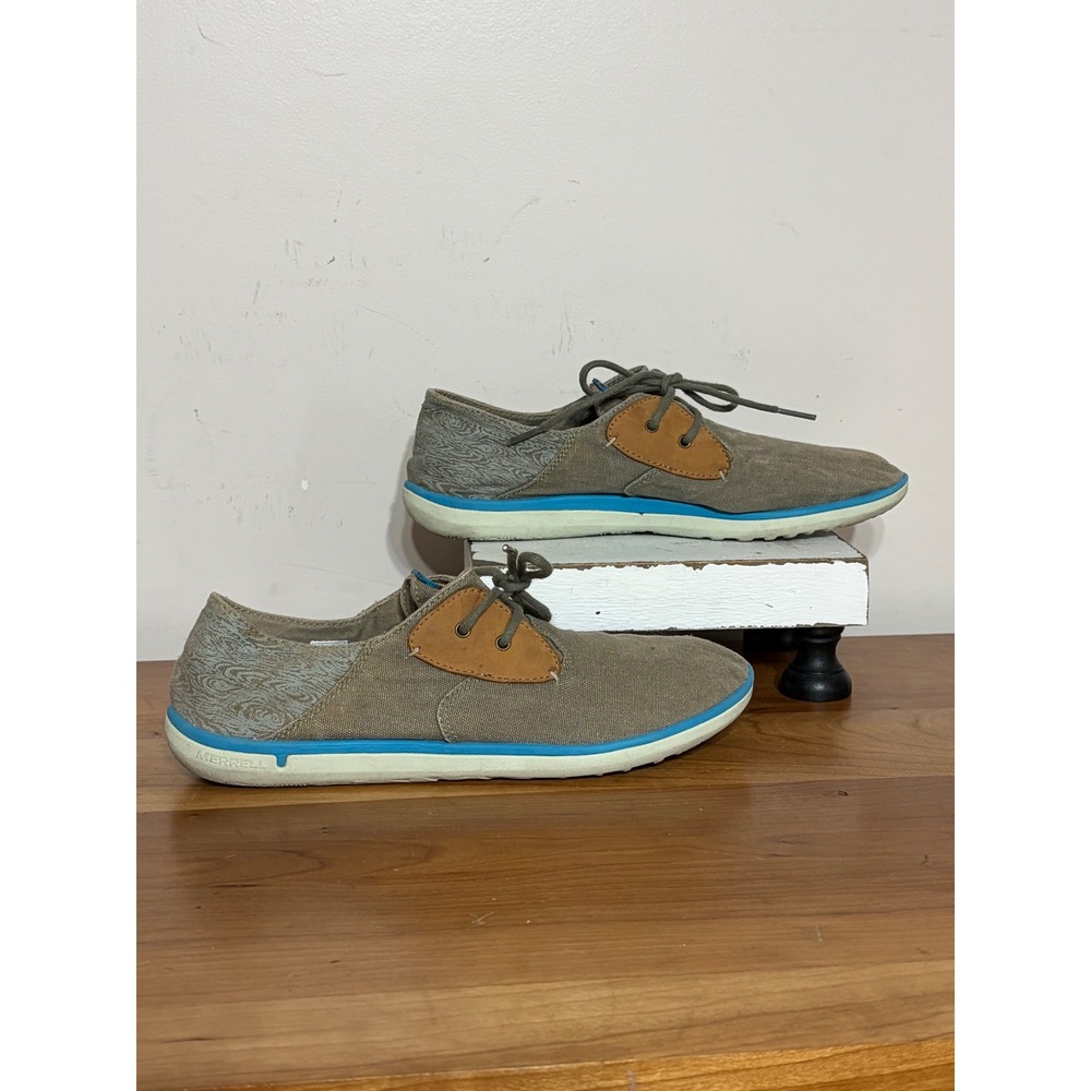 Merrell Womens Canvas Lace Up Sneakers Taupe Blue J56450 Size 9 Barefoot Style